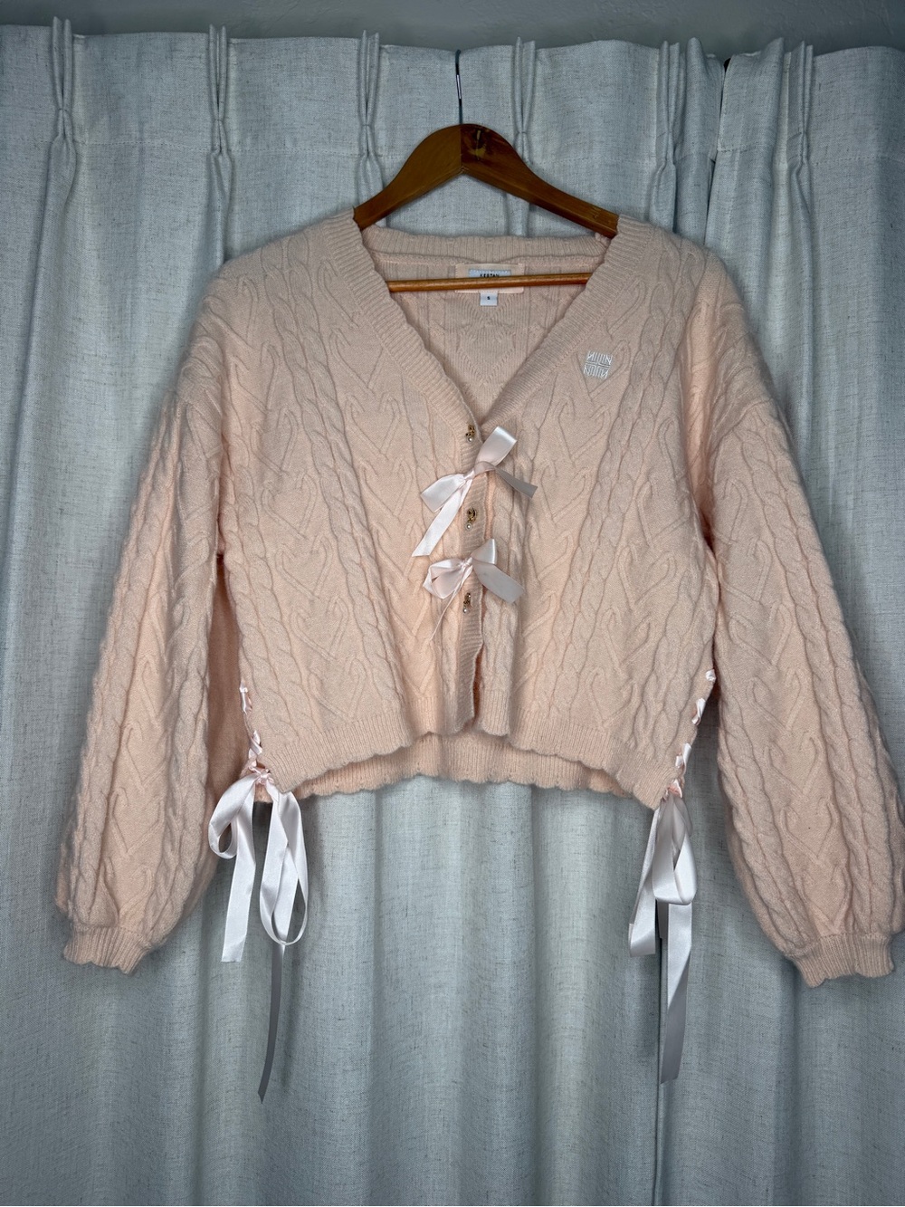 Kestan Soft Pink Cable-Knit Ribbon Tie Sweater Cardigan